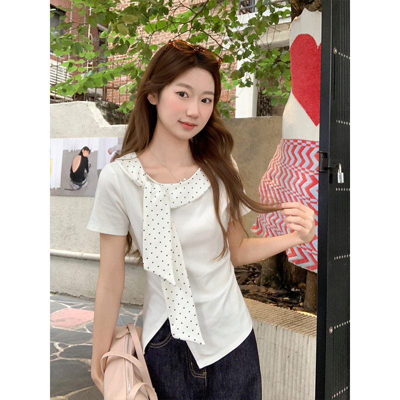 不規則下擺開叉短袖t恤女2026夏季新款甜美風波點系帶領收腰上衣