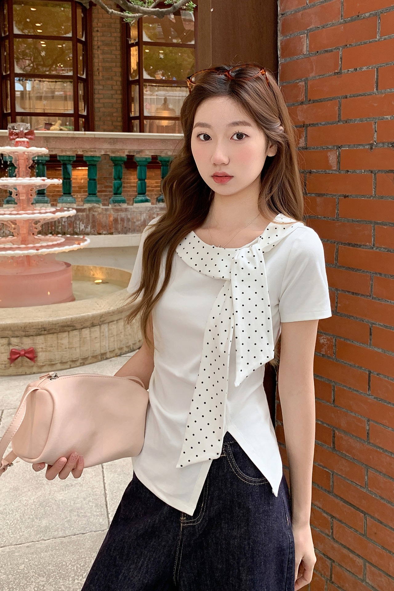 不規則下擺開叉短袖t恤女2026夏季新款甜美風波點系帶領收腰上衣