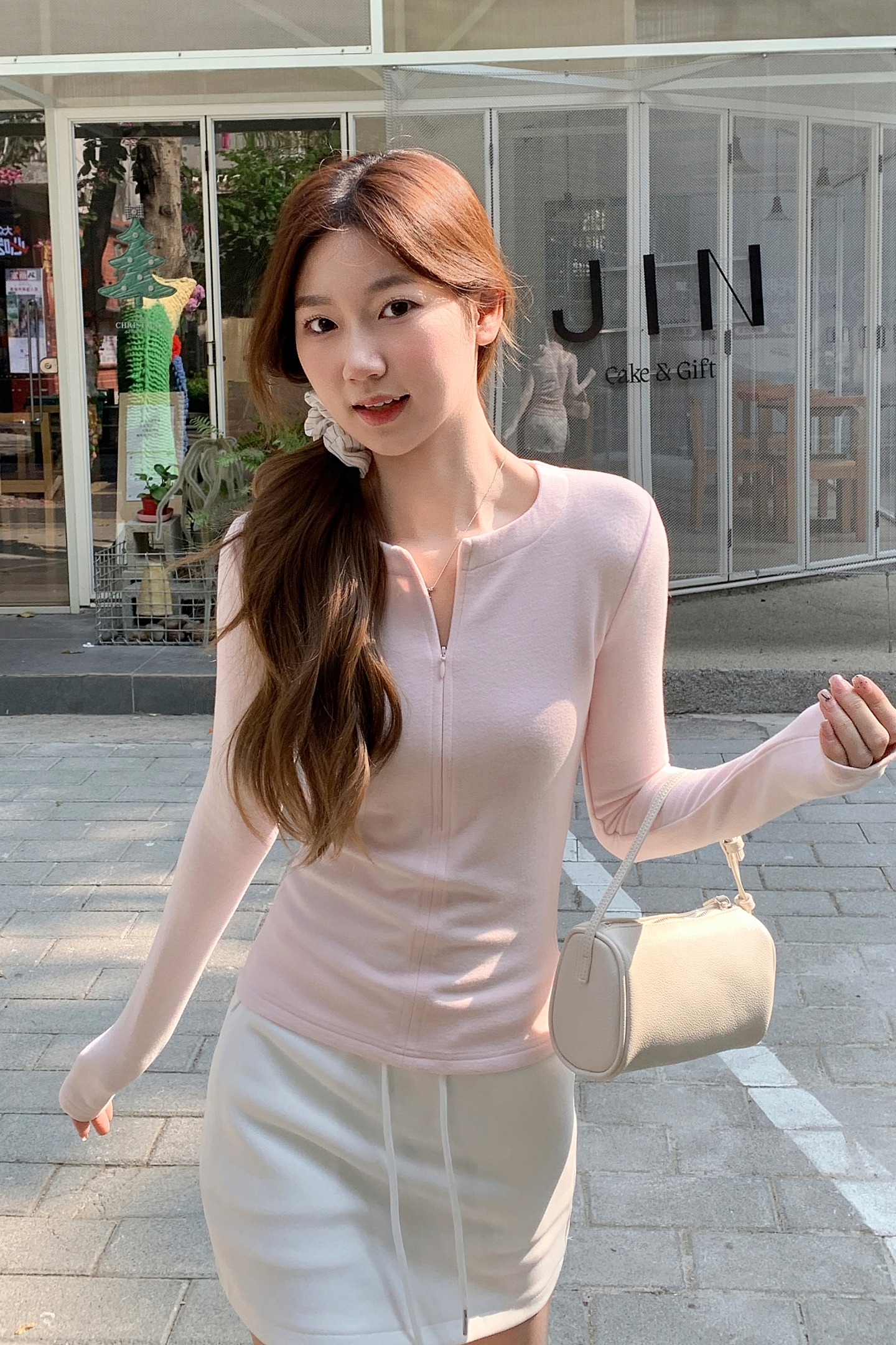 純色半開領拉鏈長袖t恤女202春季新款韓系基礎款小眾百搭內搭上衣