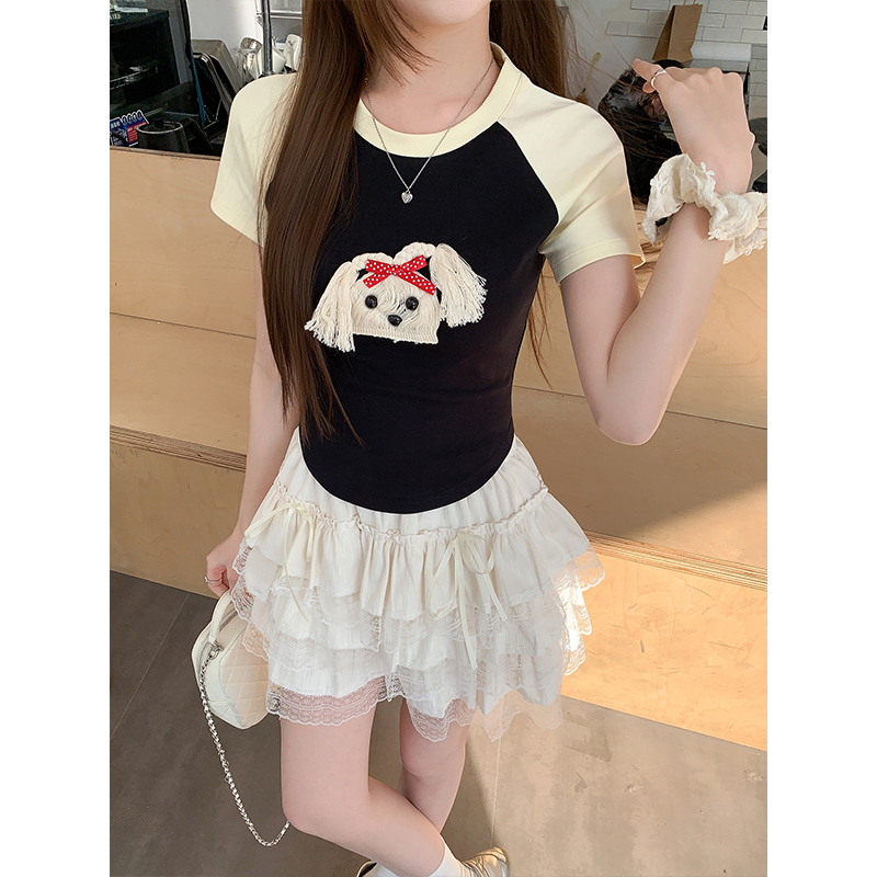 可愛小狗立體裝飾插肩短袖袖t恤女2026夏季新款修身顯瘦百搭上衣