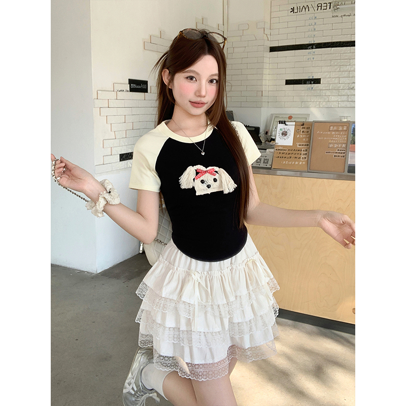 可愛小狗立體裝飾插肩短袖袖t恤女2026夏季新款修身顯瘦百搭上衣