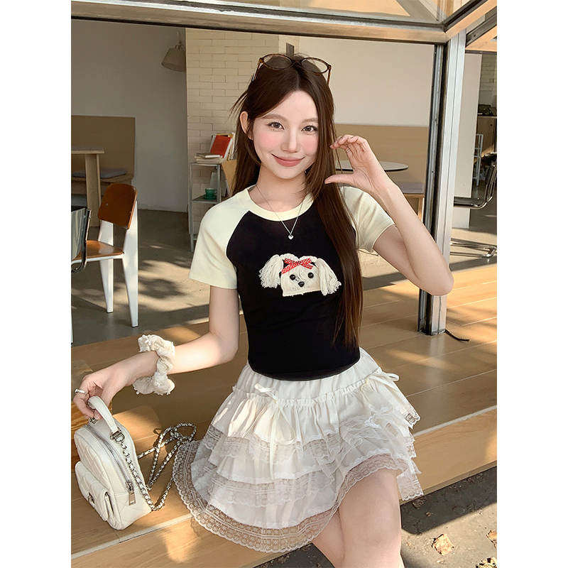 可愛小狗立體裝飾插肩短袖袖t恤女2026夏季新款修身顯瘦百搭上衣