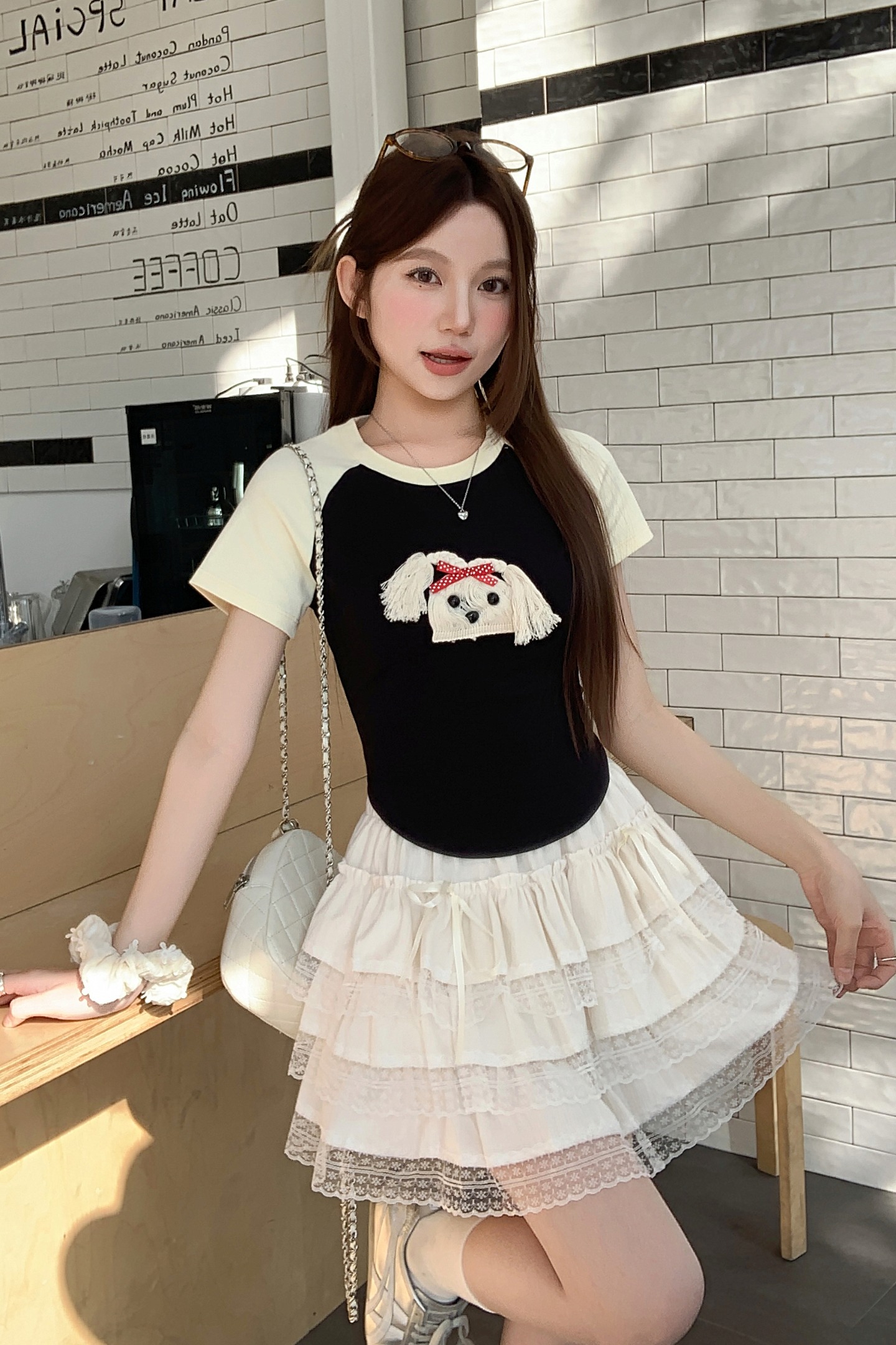 可愛小狗立體裝飾插肩短袖袖t恤女2026夏季新款修身顯瘦百搭上衣