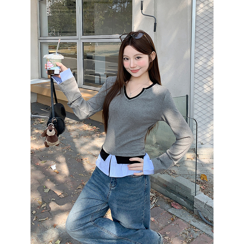 韓版撞色假兩件v領刺繡t恤女2026春季新款時尚修身顯瘦打底衫上衣
