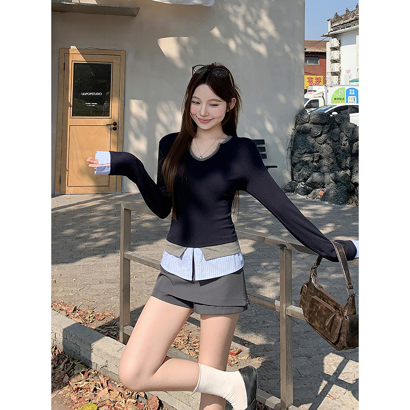 韓版撞色假兩件v領刺繡t恤女2026春季新款時尚修身顯瘦打底衫上衣
