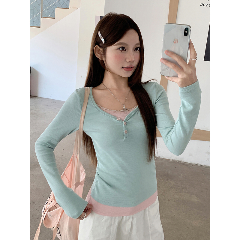 撞色拼接假兩件長袖t恤女2026早春季新款修身顯瘦內搭衫百搭上衣