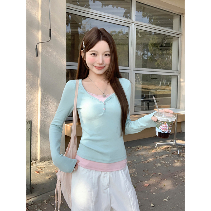 韓系拼接撞色長袖t恤女2026早春季新款修身假兩件打底衫顯瘦上衣