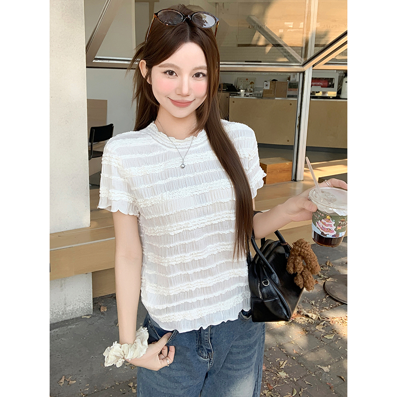 韓系木耳邊圓領短袖t恤女2026夏季新款甜美風外搭衫洋氣減齡上衣