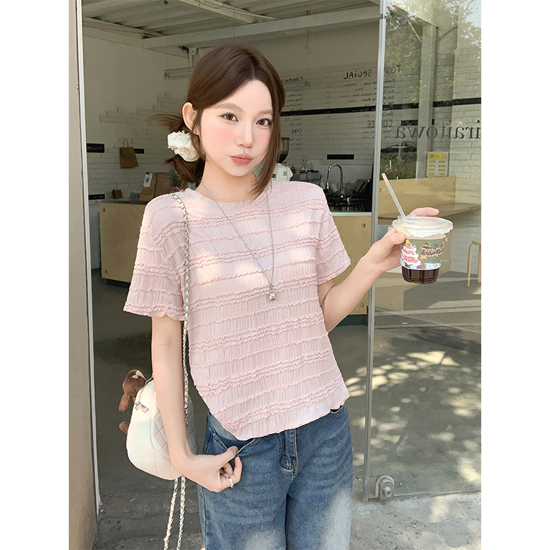 甜美風荷葉邊圓領短袖t恤女2026夏季新款修身褶皺木耳邊百搭上衣