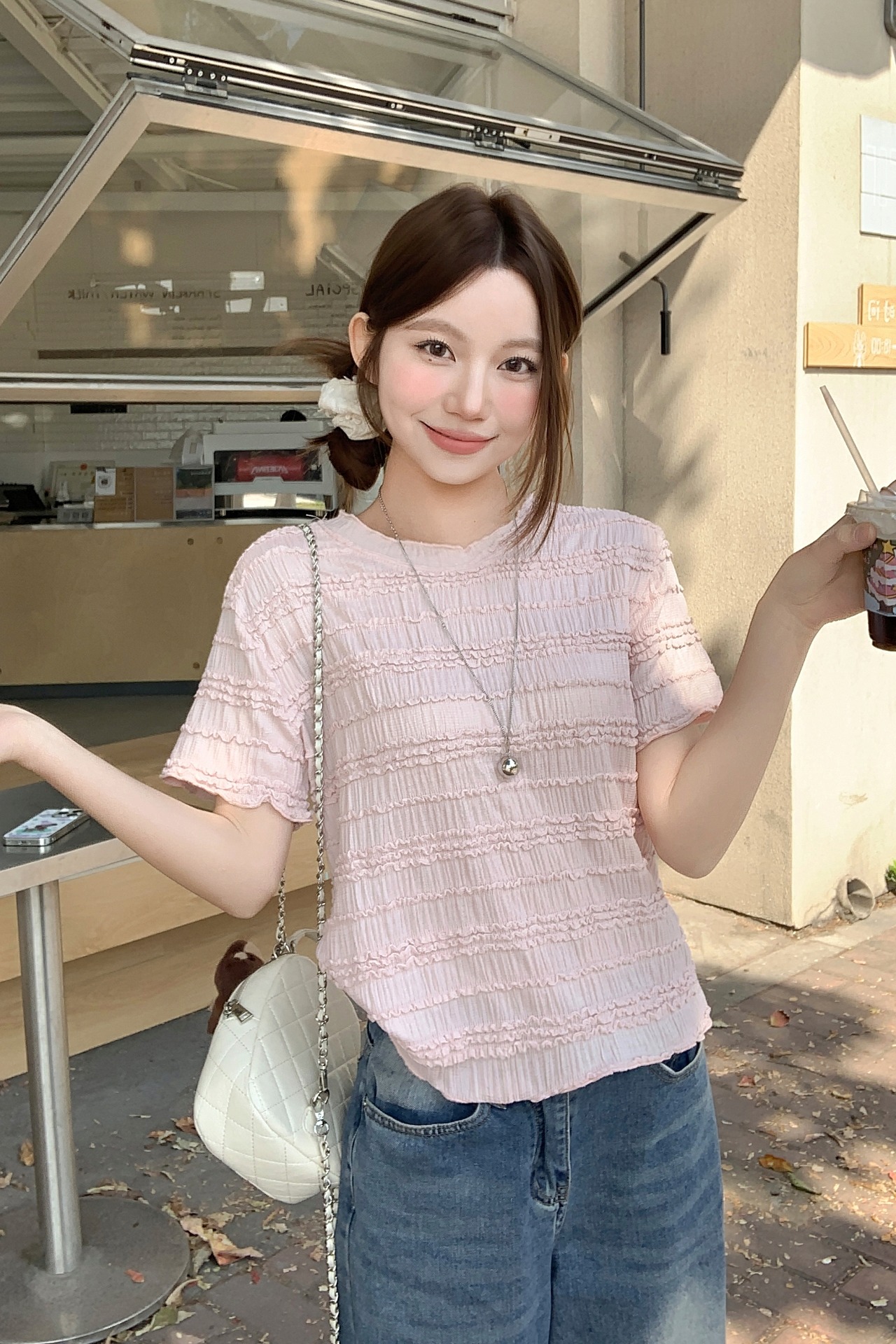 甜美風荷葉邊圓領短袖t恤女2026夏季新款修身褶皺木耳邊百搭上衣