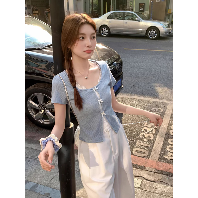 純欲風蕾絲拼接蝴蝶結短袖t恤女2026年夏季新款修身顯瘦百搭上衣