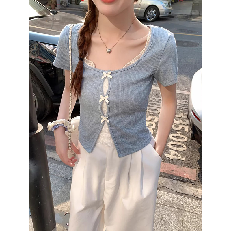 純欲風蕾絲拼接蝴蝶結短袖t恤女2026年夏季新款修身顯瘦百搭上衣