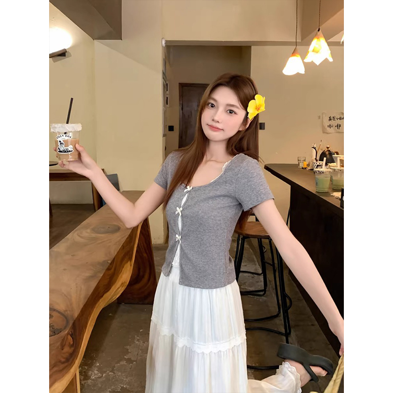純欲風蕾絲拼接蝴蝶結短袖t恤女2026年夏季新款修身顯瘦百搭上衣