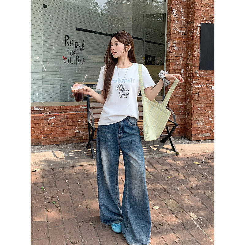 撞色小馬刺繡圓領短袖t恤女2026年夏季新款簡約基礎百搭寬松上衣