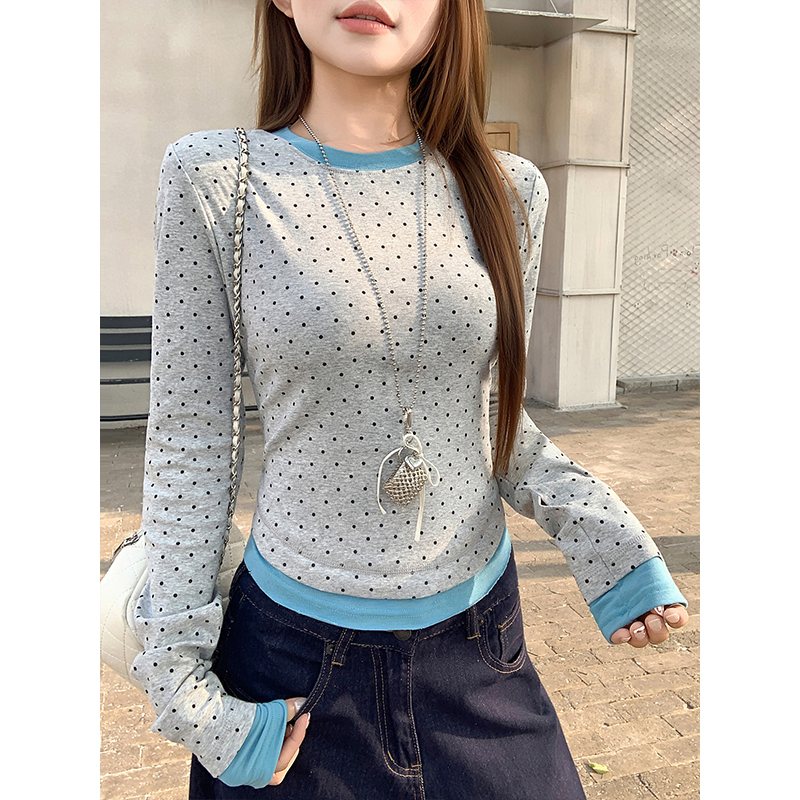 韓系波點假兩件長袖t恤女2026春季新款復古小眾設計感撞色短上衣