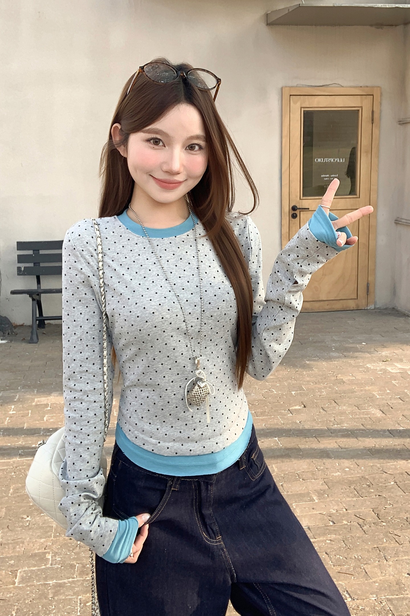 韓系波點假兩件長袖t恤女2026春季新款復古小眾設計感撞色短上衣