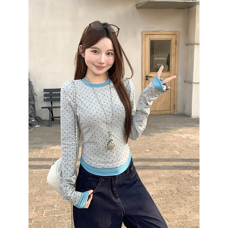 撞色拼接假兩件長袖t恤女2026春季新款韓系修身顯瘦打底百搭上衣