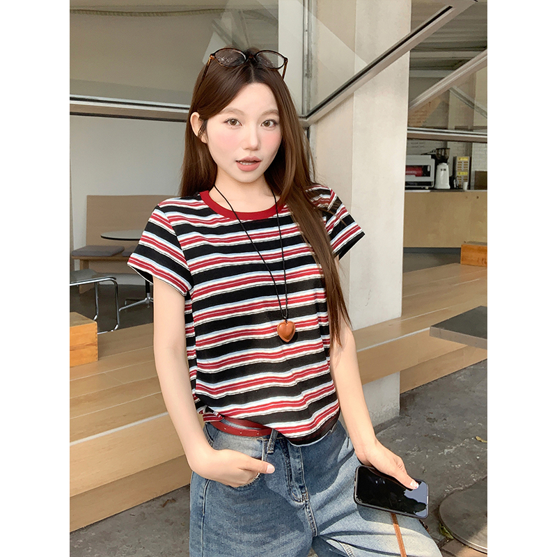 韓系撞色條紋拼接短袖t恤女2026年夏季新款獨特小眾百搭套頭上衣