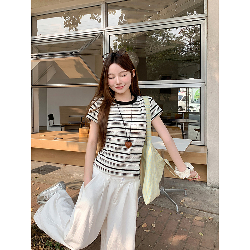 韓系撞色條紋拼接短袖t恤女2026年夏季新款獨特小眾百搭套頭上衣