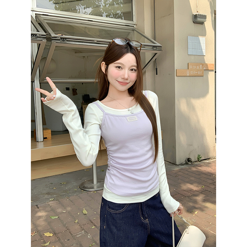 韓系疊穿吊帶背心長袖t恤女2026春季新款甜美風撞色修身顯瘦上衣