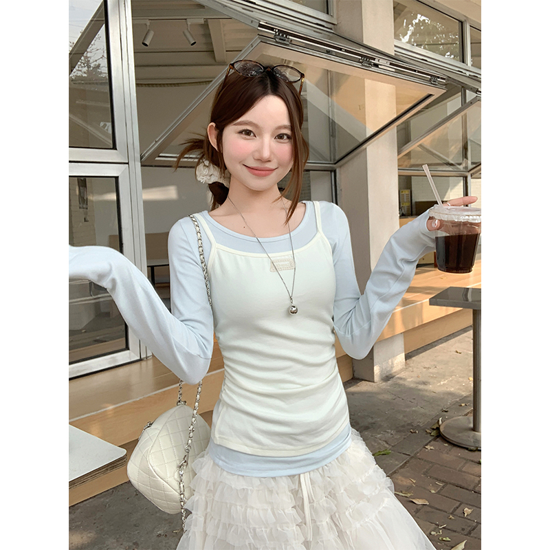 韓系疊穿吊帶背心長袖t恤女2026春季新款甜美風撞色修身顯瘦上衣