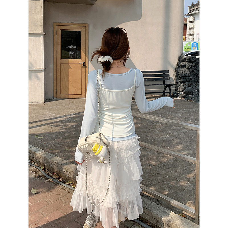 韓系疊穿吊帶背心長袖t恤女2026春季新款甜美風撞色修身顯瘦上衣
