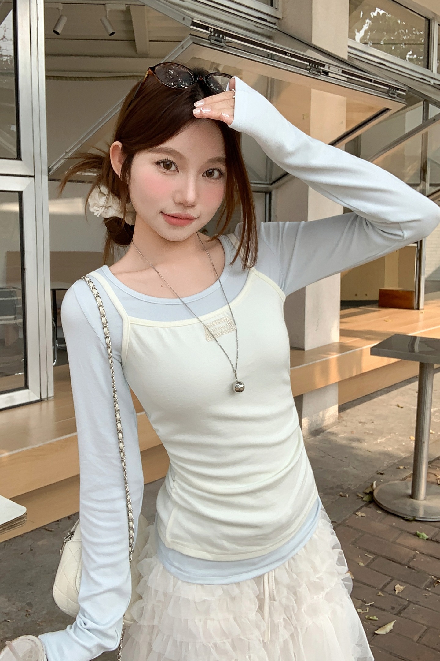 韓系疊穿吊帶背心長袖t恤女2026春季新款甜美風撞色修身顯瘦上衣