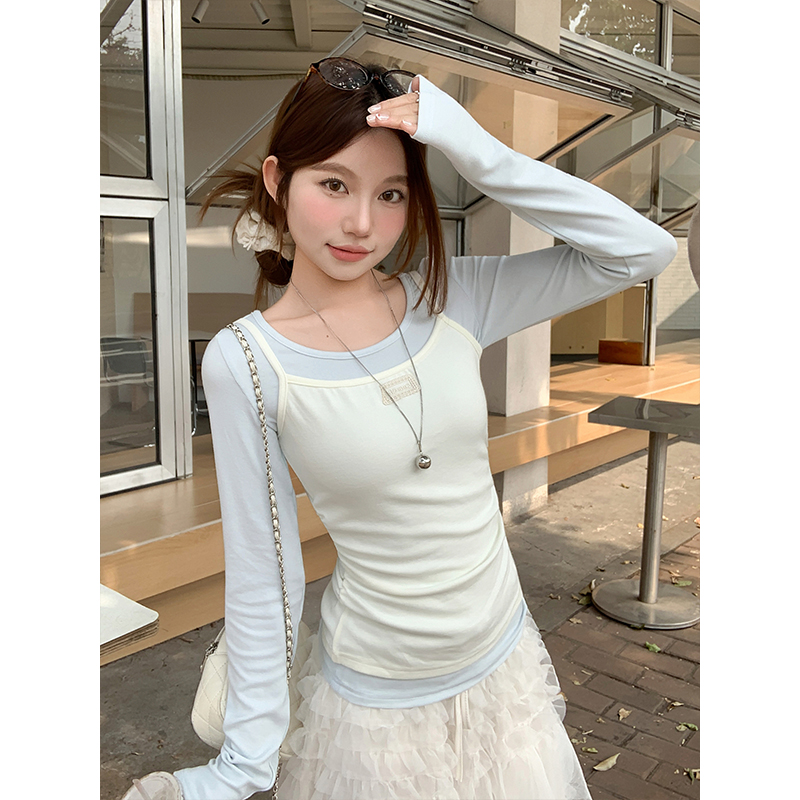 甜美疊穿韓系吊帶背心長袖t恤女2026早春新款撞色修身兩件套上衣