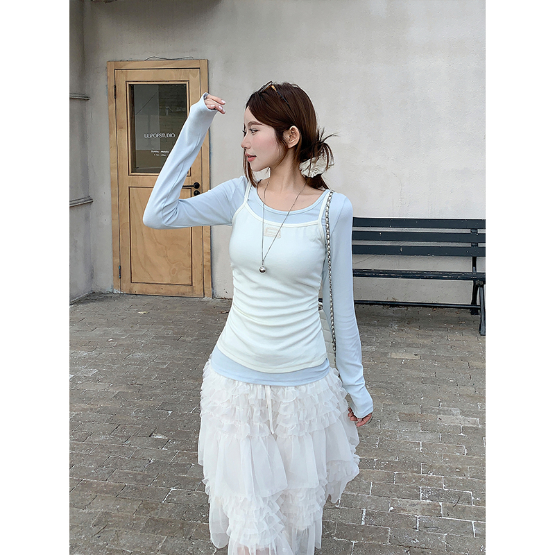 甜美疊穿韓系吊帶背心長袖t恤女2026早春新款撞色修身兩件套上衣