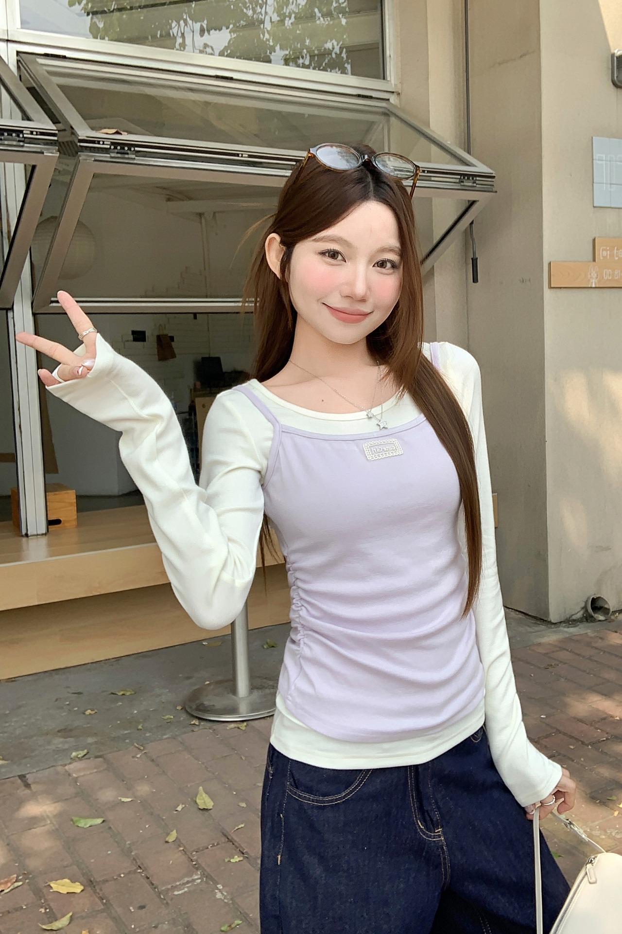 甜美疊穿韓系吊帶背心長袖t恤女2026早春新款撞色修身兩件套上衣