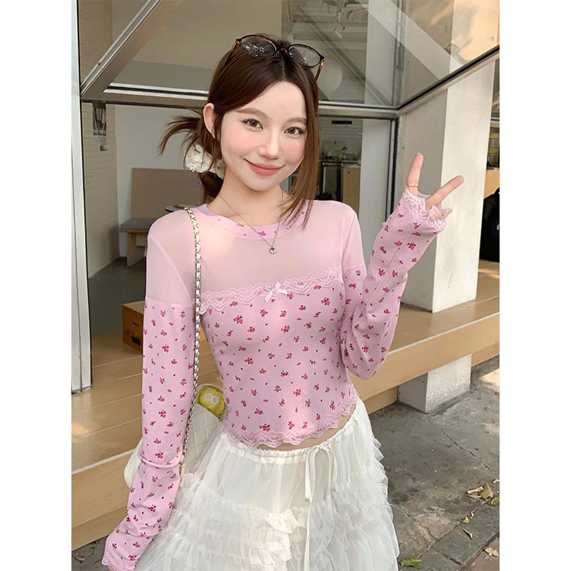 碎花網紗拼接長袖t恤女2026春季新款純欲風修身顯瘦短款辣妹上衣