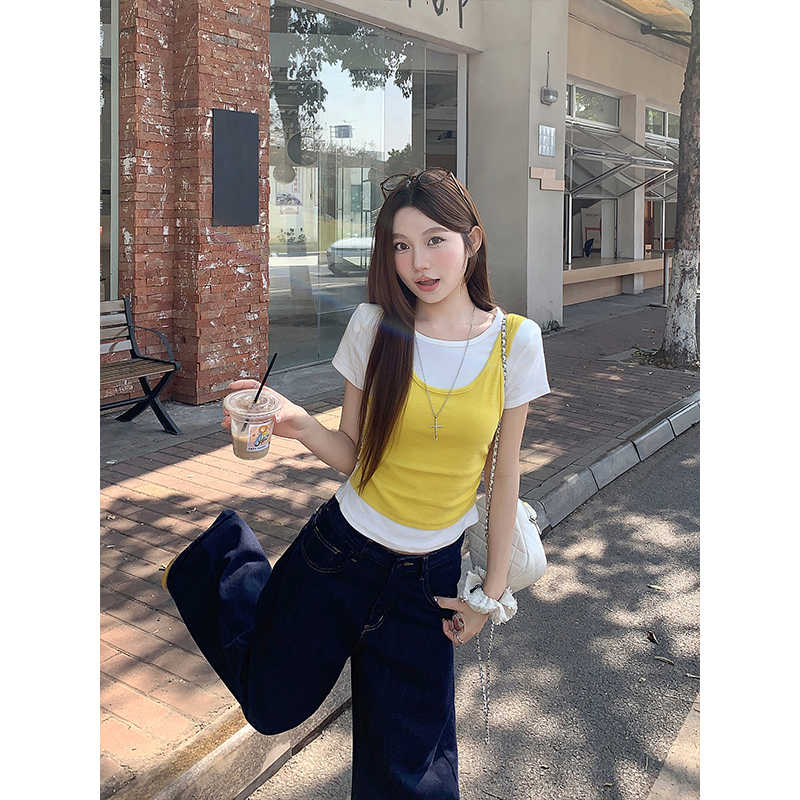 撞色拼接假兩件短袖t恤女2026夏季新款韓系疊穿收腰顯瘦圓領上衣