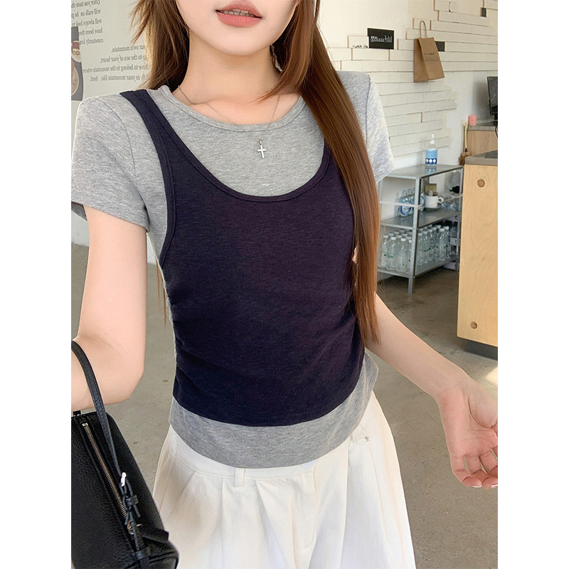 撞色拼接假兩件短袖t恤女2026夏季新款韓系疊穿收腰顯瘦圓領上衣