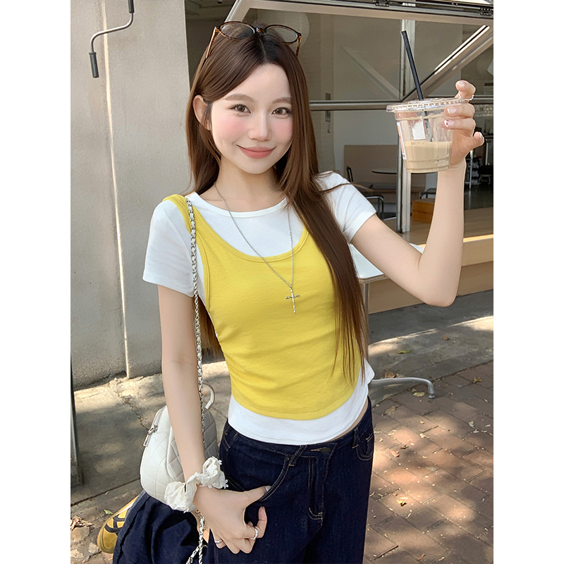 假兩件撞色短袖T恤女2026夏季新款設計感小眾修身顯瘦辣妹風上衣