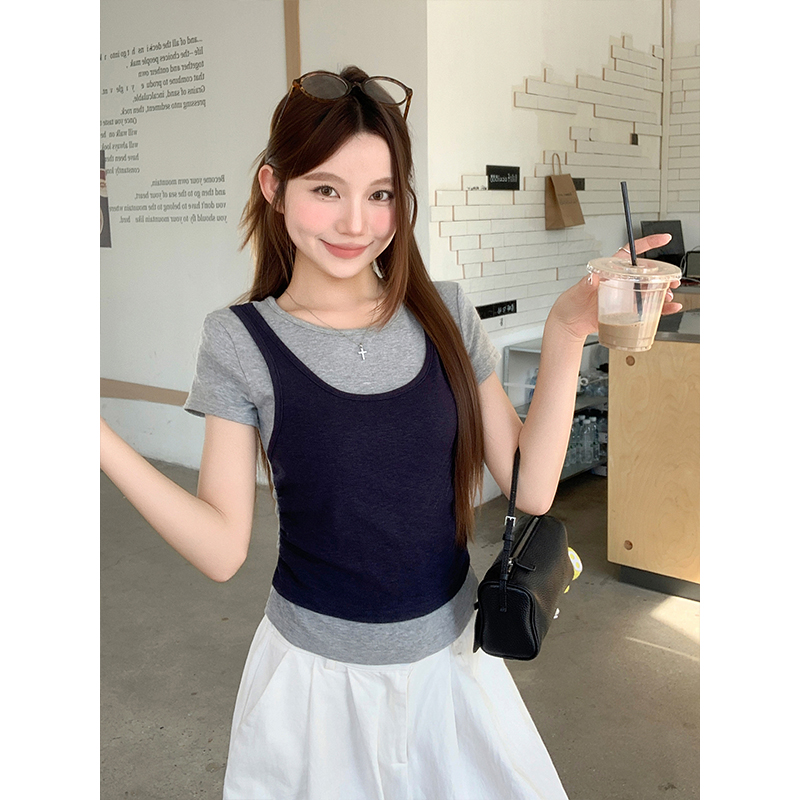 假兩件撞色短袖T恤女2026夏季新款設計感小眾修身顯瘦辣妹風上衣