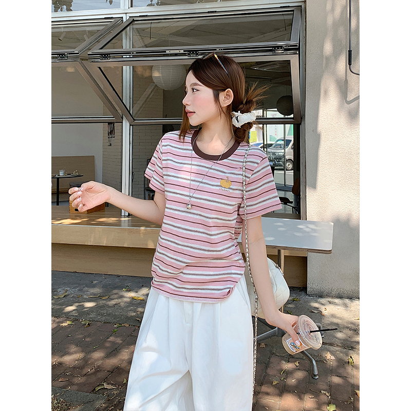 甜美減齡粉條紋撞色t恤女2026夏季新款寬松顯瘦休閑百搭短袖上衣