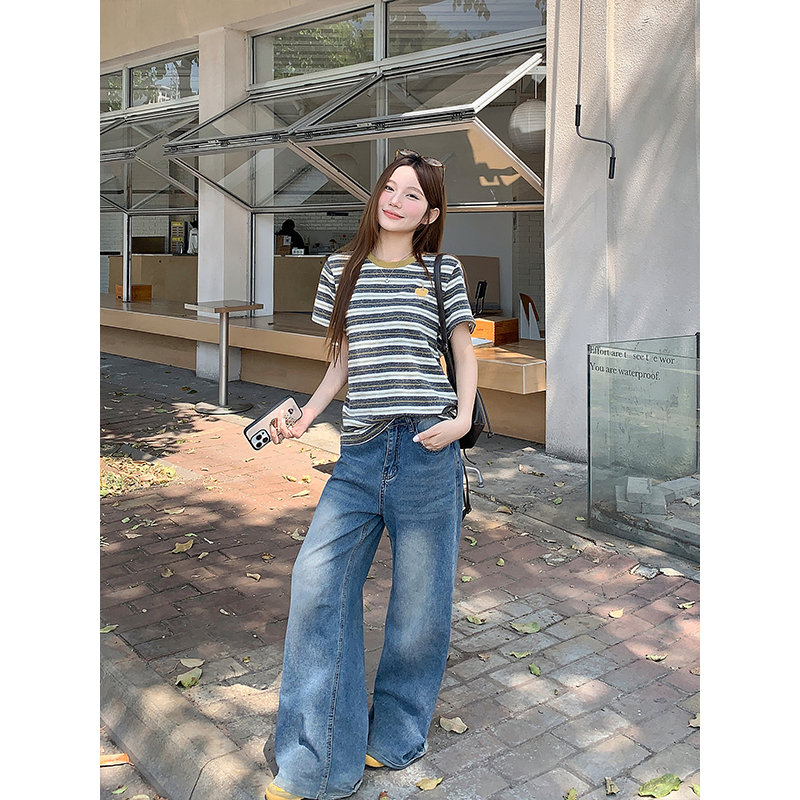 甜美減齡粉條紋撞色t恤女2026夏季新款寬松顯瘦休閑百搭短袖上衣
