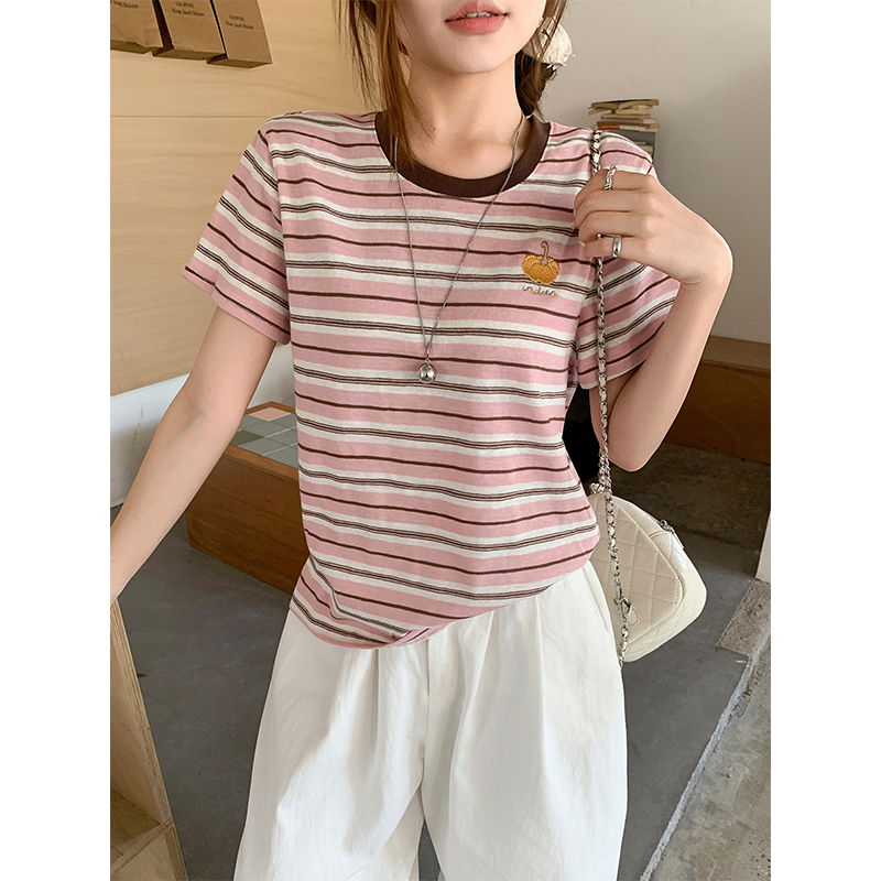 甜美減齡粉條紋撞色t恤女2026夏季新款寬松顯瘦休閑百搭短袖上衣