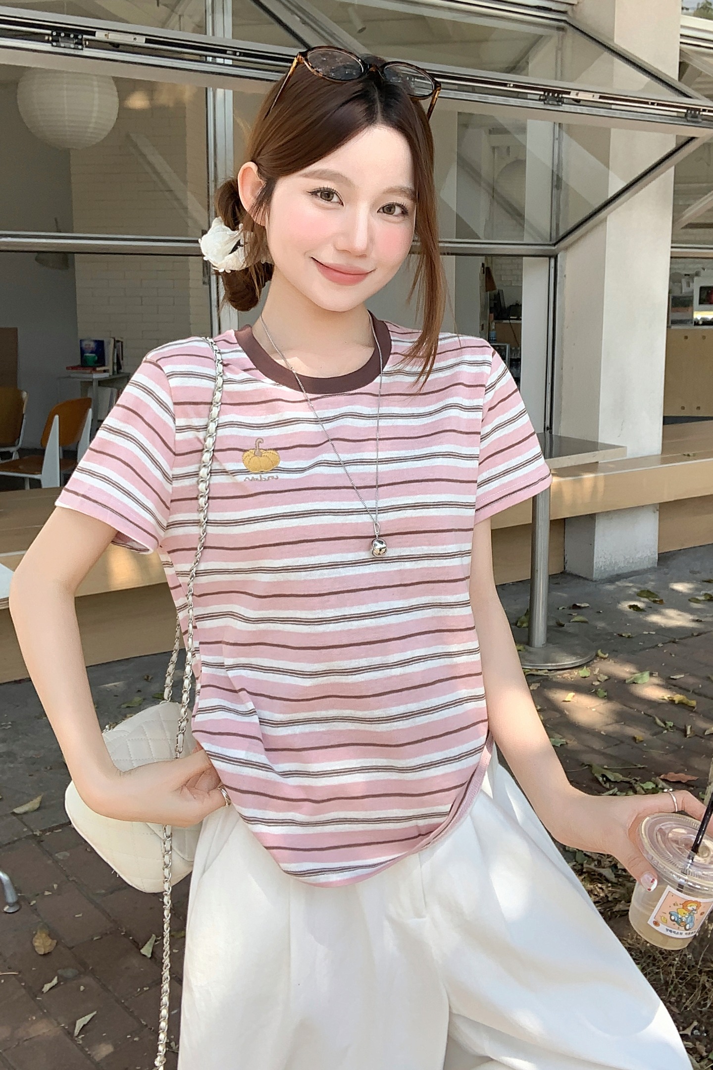 甜美減齡粉條紋撞色t恤女2026夏季新款寬松顯瘦休閑百搭短袖上衣