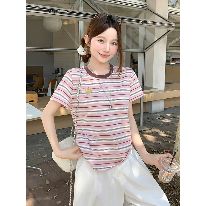 撞色條紋拼接圓領短袖t恤女2026年夏季新款寬松顯瘦減齡休閑上衣