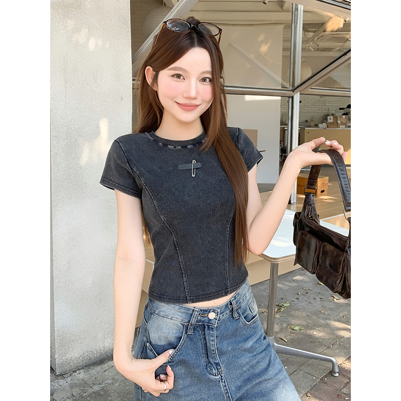 美式復古做舊修身t恤女2026夏季新款設計感小眾收腰顯瘦短袖上衣