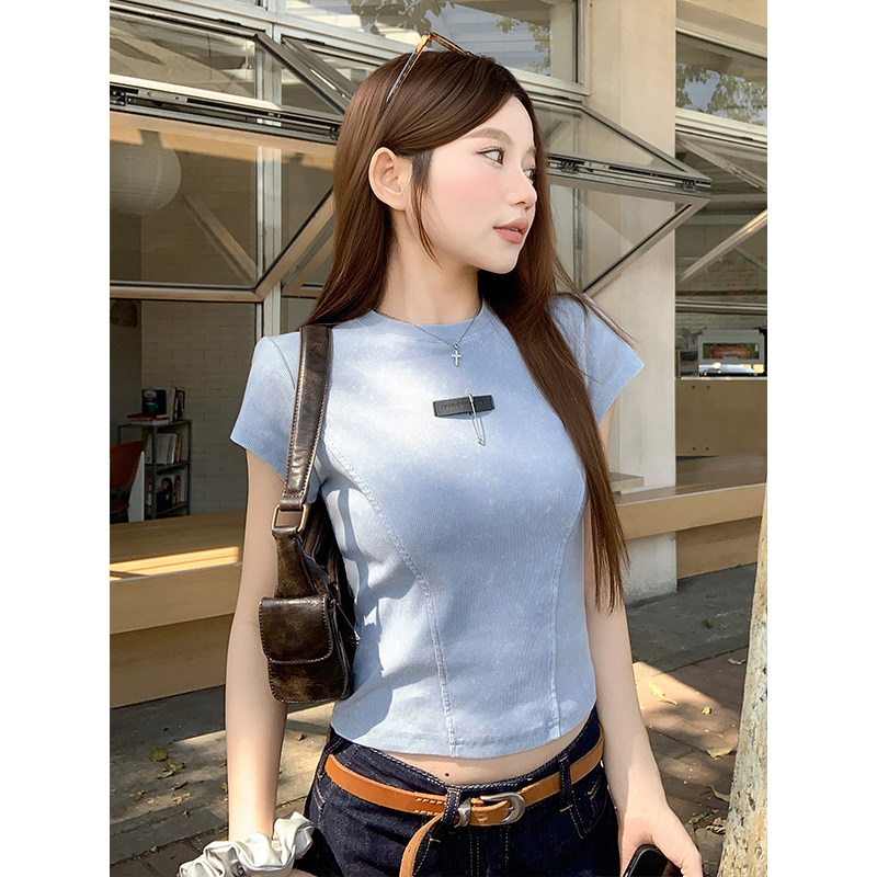 美式復古做舊修身t恤女2026夏季新款設計感小眾收腰顯瘦短袖上衣