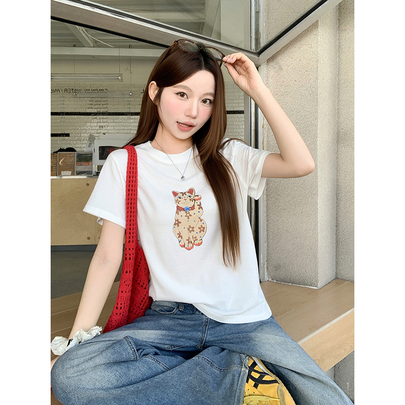 時尚貓咪印花圓領短袖t恤女206夏季新款韓版時尚寬松顯瘦打底上衣