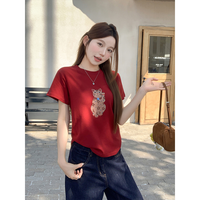 時尚貓咪印花圓領短袖t恤女206夏季新款韓版時尚寬松顯瘦打底上衣