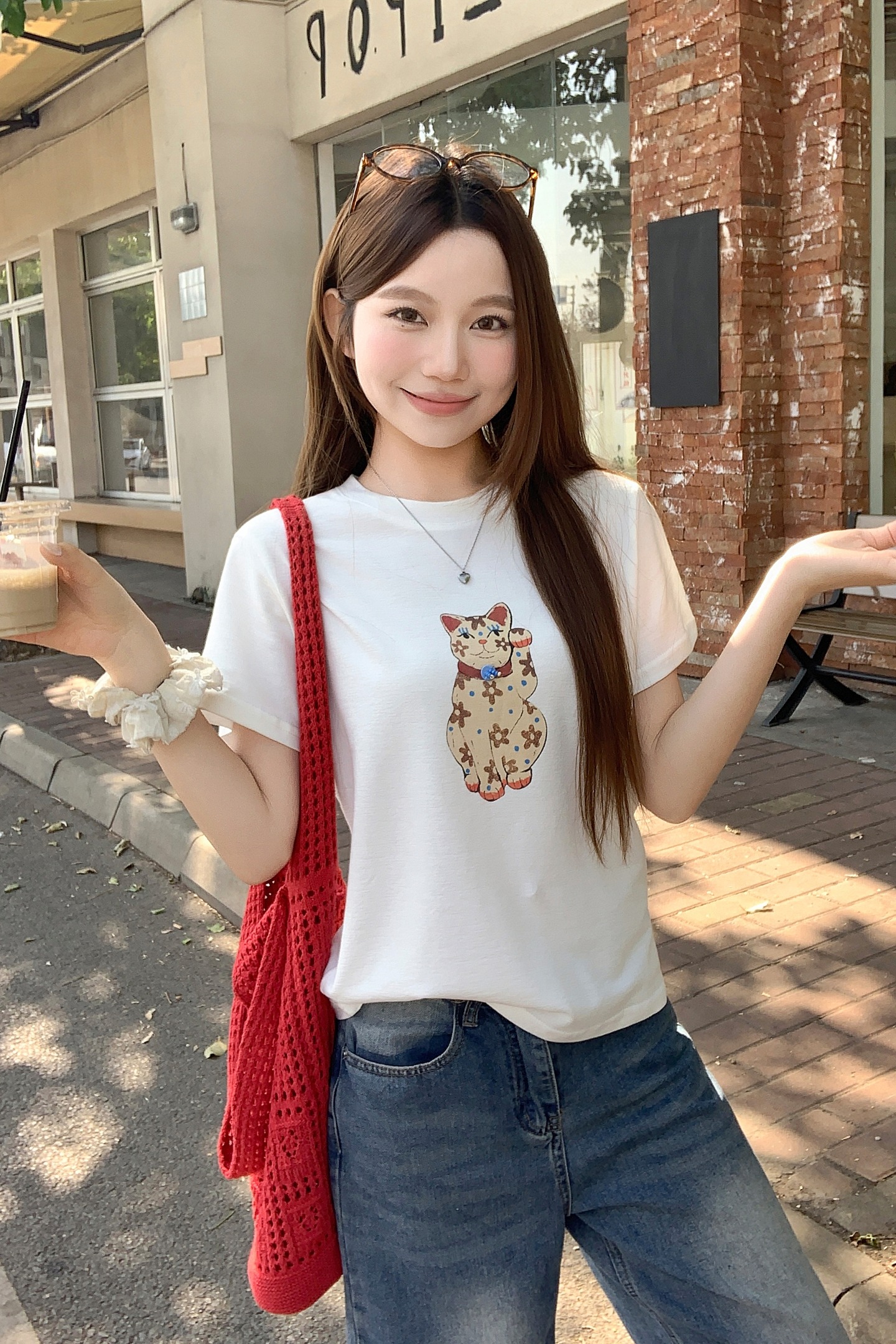 時尚貓咪印花圓領短袖t恤女206夏季新款韓版時尚寬松顯瘦打底上衣