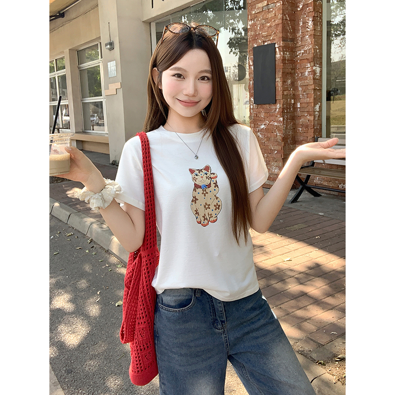 招財貓印花純色短袖t恤女2026夏季新款寬松正肩時尚減齡百搭上衣