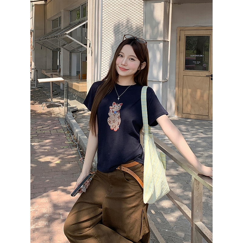 招財貓印花純色短袖t恤女2026夏季新款寬松正肩時尚減齡百搭上衣