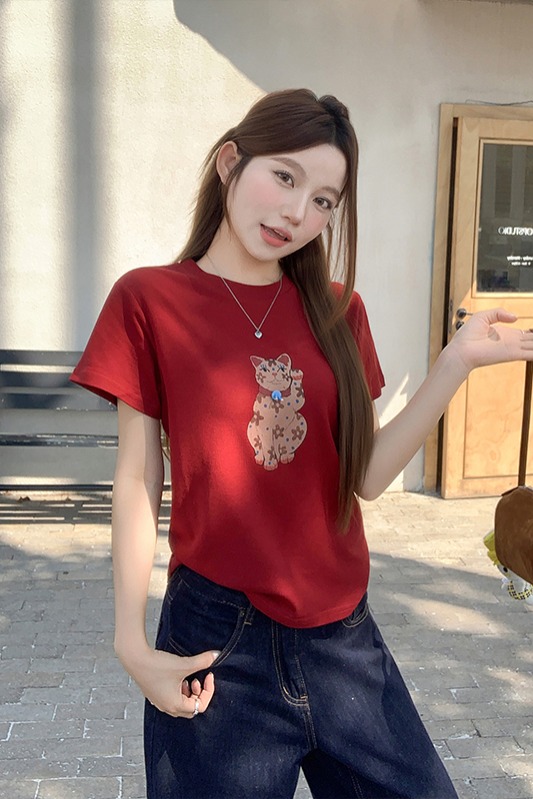招財貓印花純色短袖t恤女2026夏季新款寬松正肩時尚減齡百搭上衣