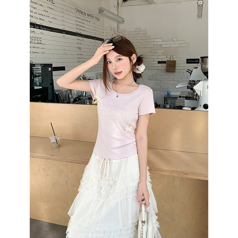 甜美蝴蝶結圓領短袖t恤女2026夏季新款別致內搭修身顯瘦短款上衣