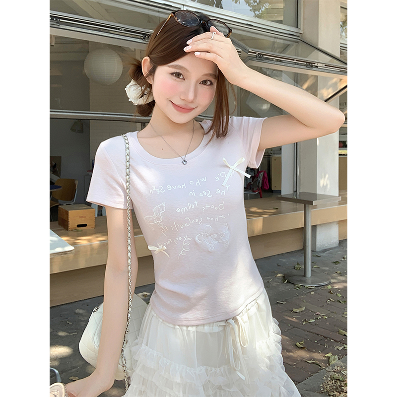 甜美蝴蝶結圓領短袖t恤女2026夏季新款別致內搭修身顯瘦短款上衣